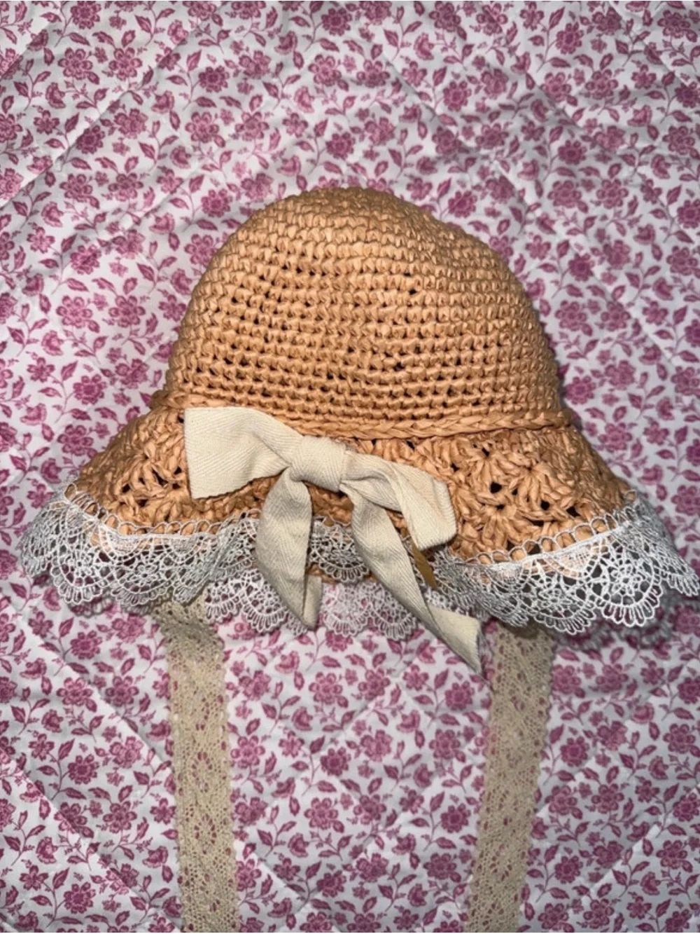 Straw Crochet Sun Hat with Lace Trim and Bow - Peach 6-12M